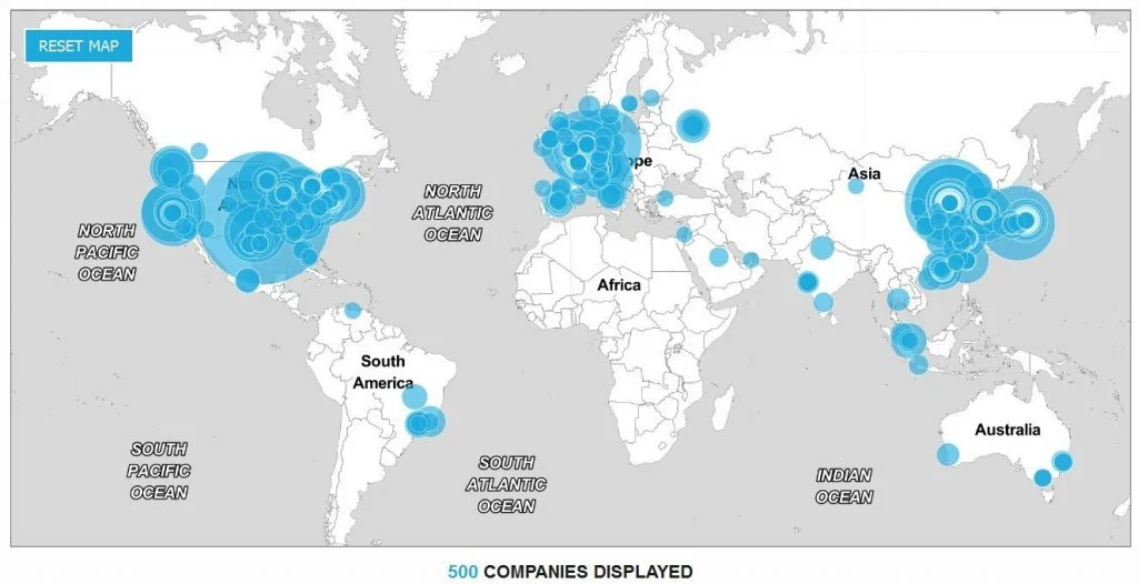نقشه پراکندگی 500 شرکت بزرگ دنیا