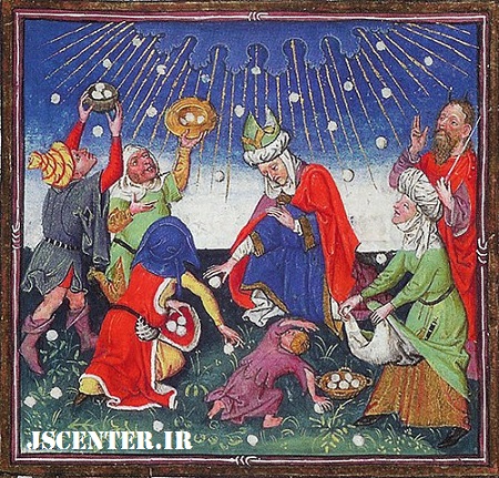 جمع کردن منّ و سلوی توسط بنی‌اسرائیل نقاشی حدود 1440 میلادی