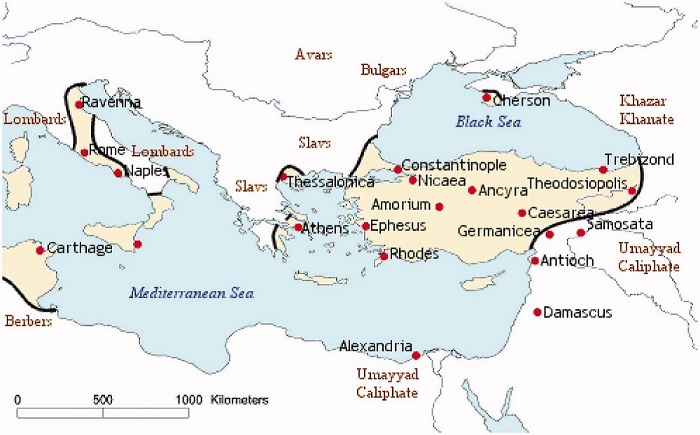 نقشه امپراتوری بیزانس سال 668 میلادی
