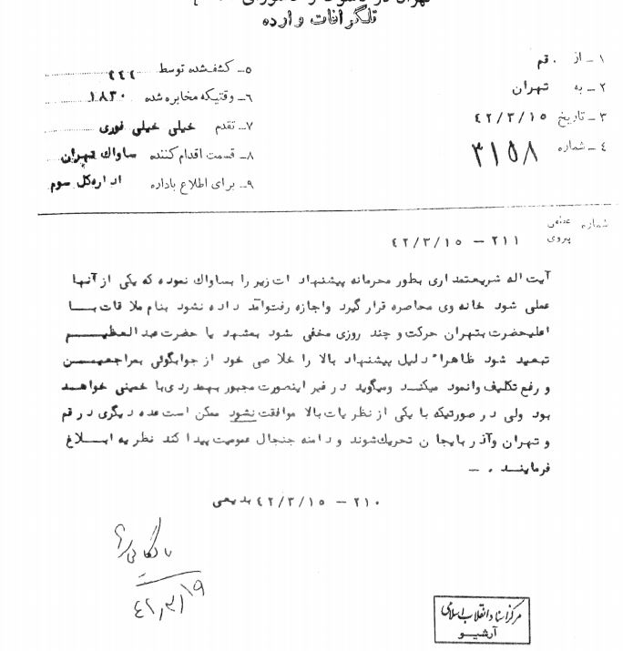 تماس سید کاظم شریعتمداری با ساواک قم در روز ۱۵ خرداد ۴۲
