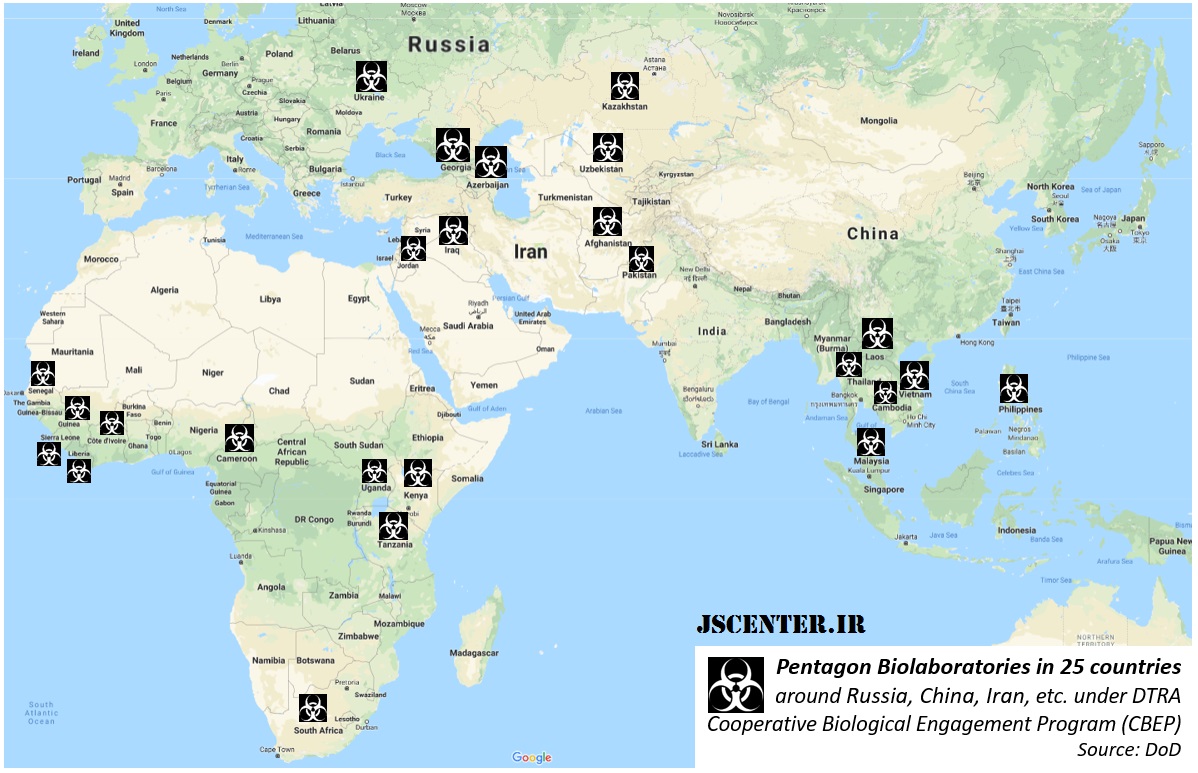 توزیع آزمایشگاه‌های بیولوژیکی نظامی با بودجه ایالات متحده در اطراف روسیه، ایران و چین