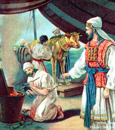 بنی‌اسرائیل در حال ساخت گوساله طلایی زیر نظر سامری